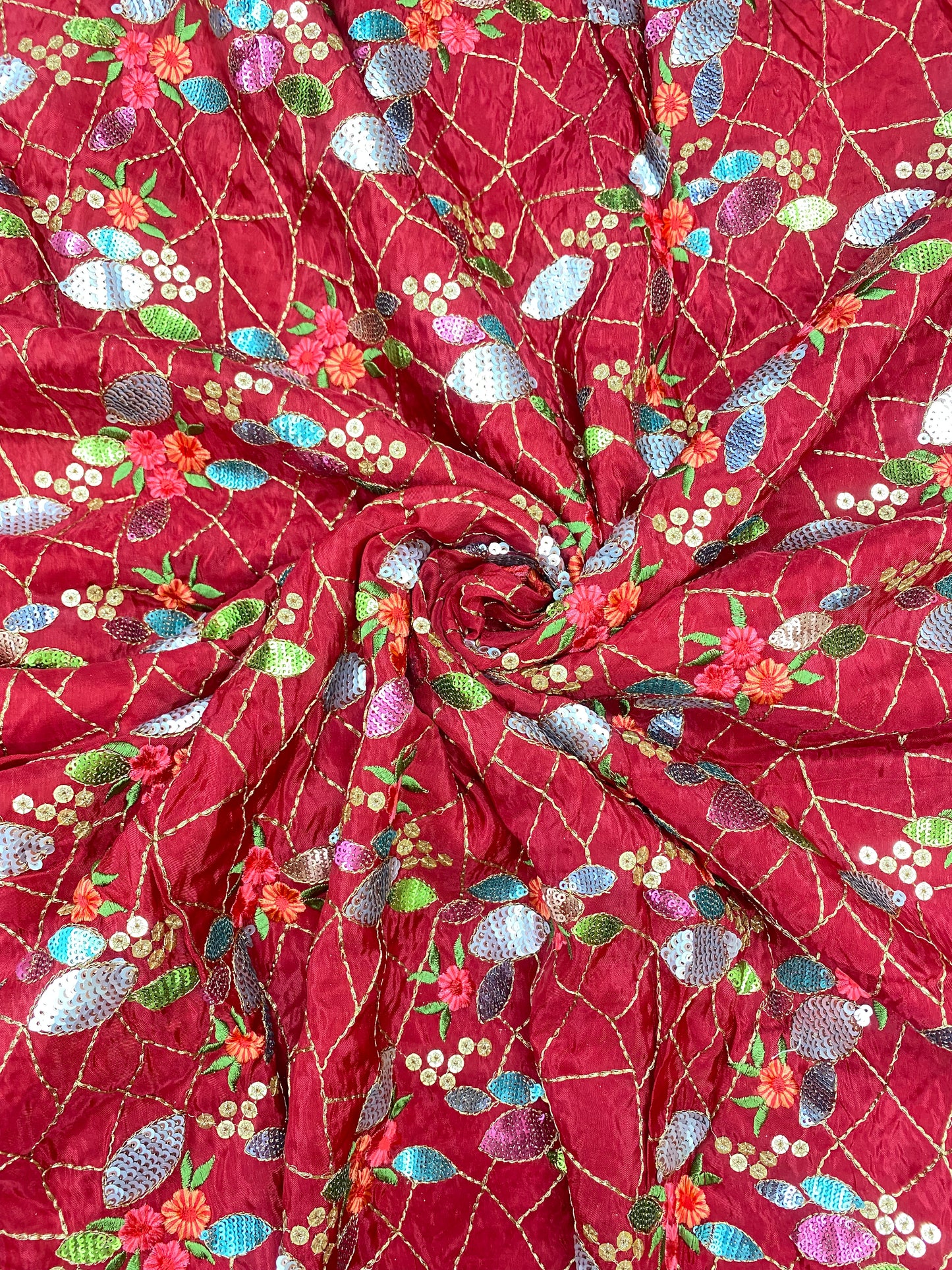 Delightful Bright Floral Multi Color Thread Embroidery With Silver Sequin And Zari Work On Upada Fabric