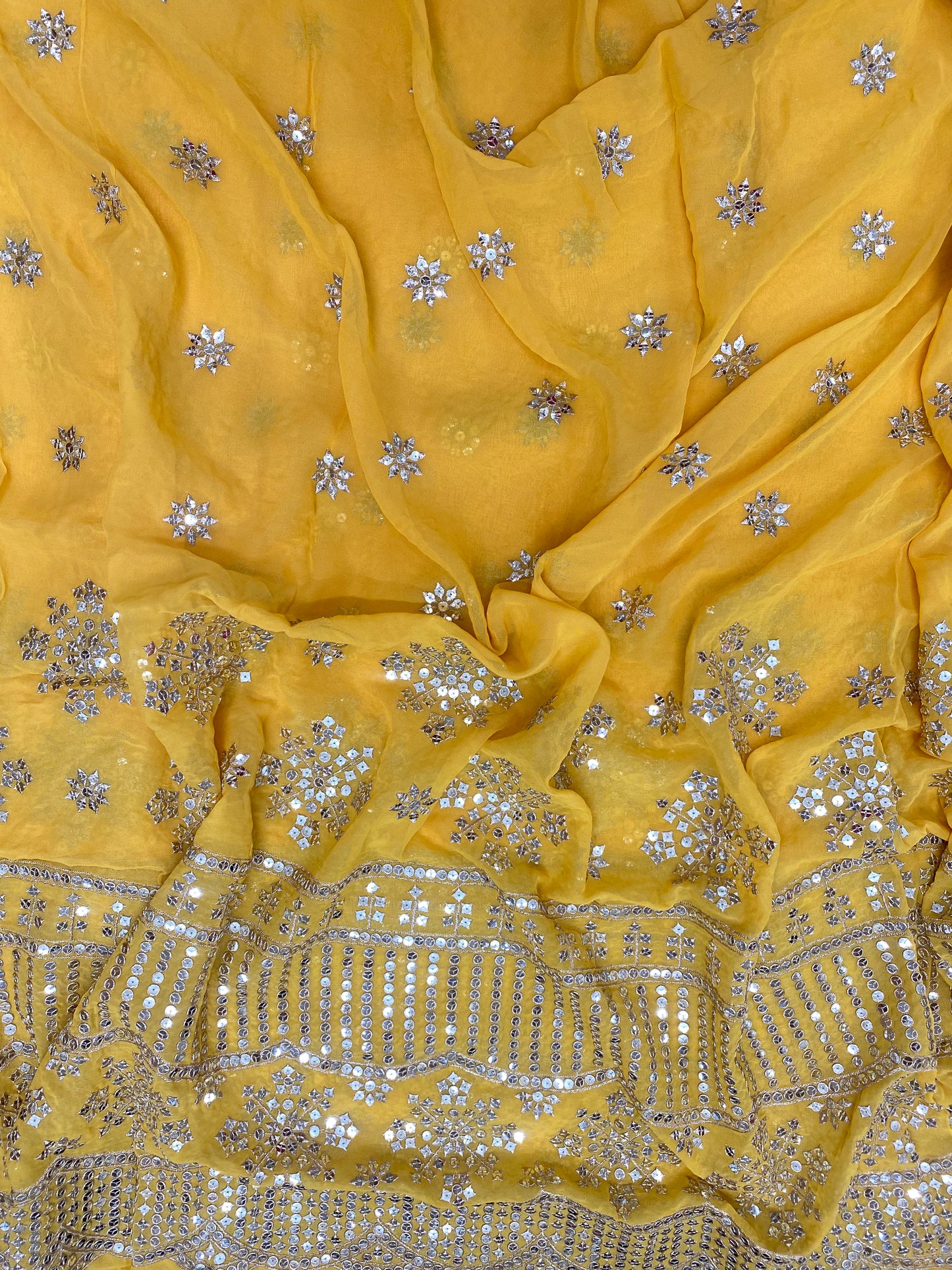 Perfect Stunning Ethnic Floral Sequin Work All Over Yellow Georgette Fabric