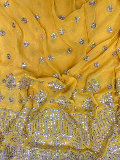 Perfect Stunning Ethnic Floral Sequin Work All Over Yellow Georgette Fabric