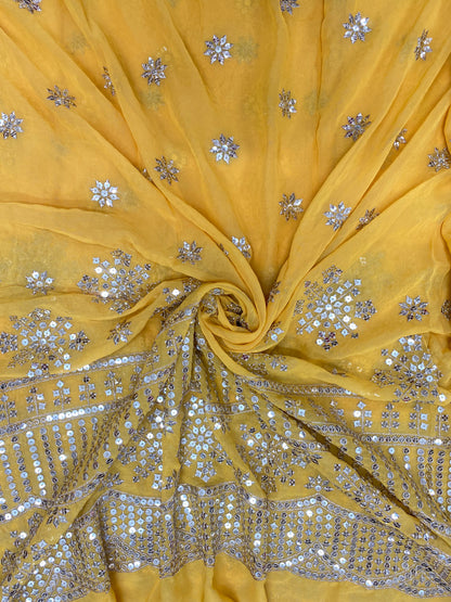 Perfect Stunning Ethnic Floral Sequin Work All Over Yellow Georgette Fabric