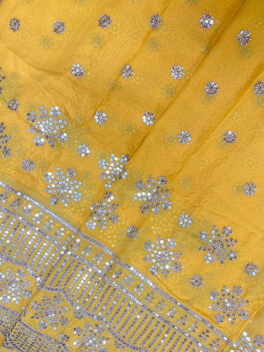 Perfect Stunning Ethnic Floral Sequin Work All Over Yellow Georgette Fabric