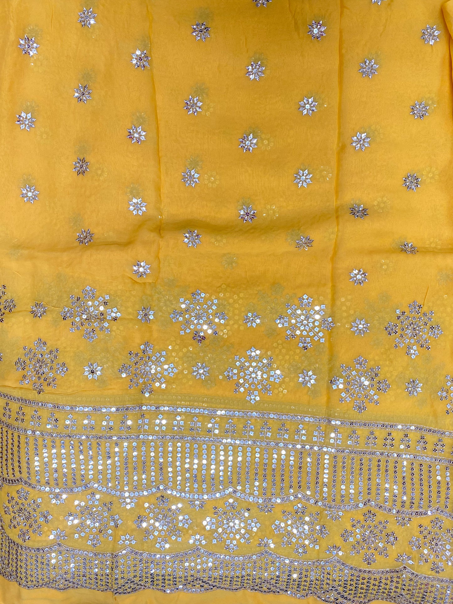 Perfect Stunning Ethnic Floral Sequin Work All Over Yellow Georgette Fabric