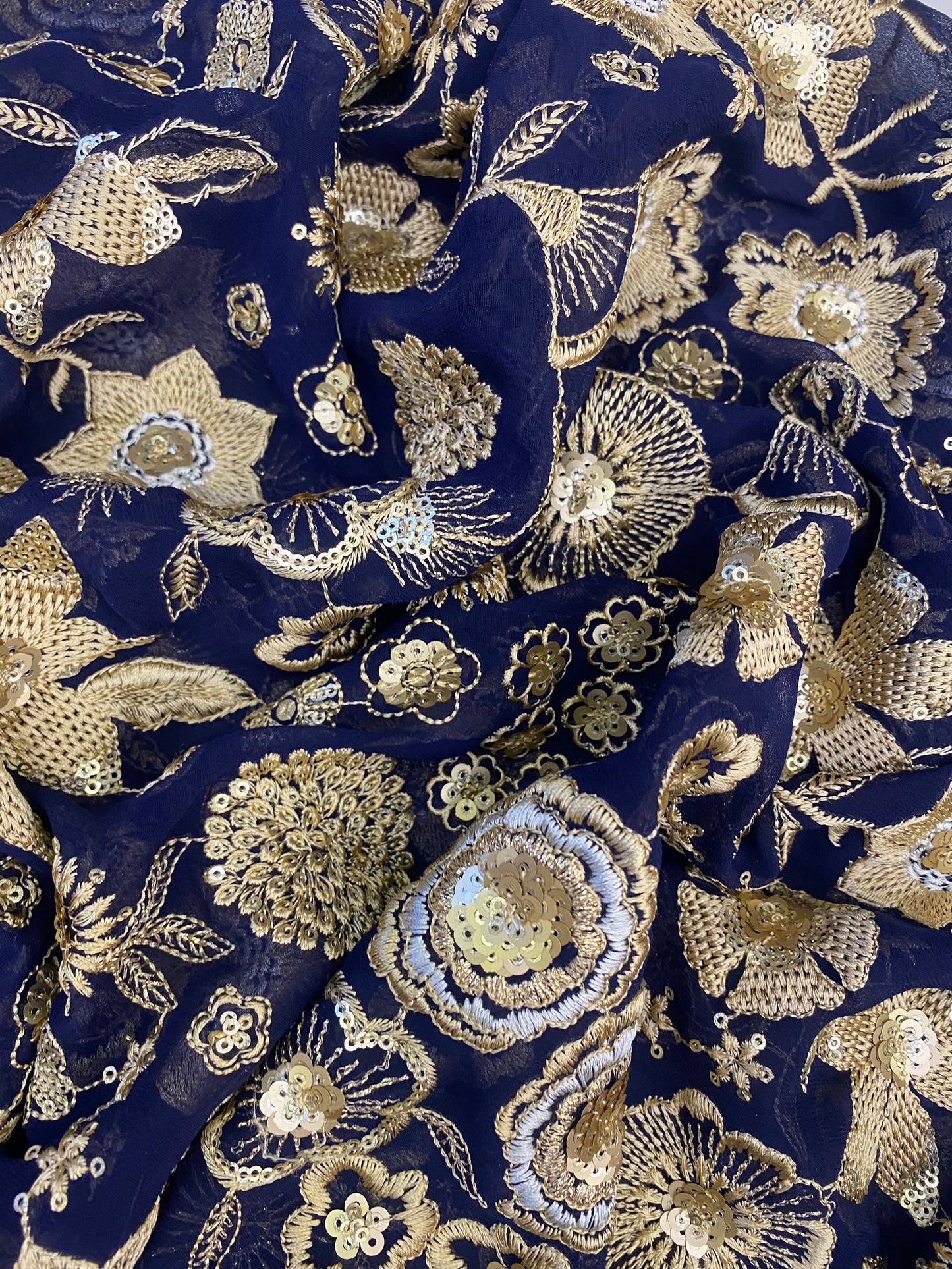 Adorable Shiny Elegant Floral Golden Thread Embroidery With Golden Sequin Work On Georgette Fabric