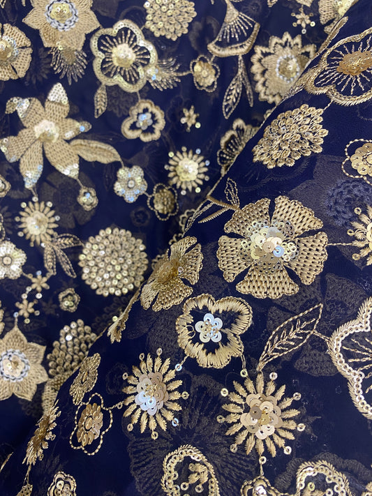 Adorable Shiny Elegant Floral Golden Thread Embroidery With Golden Sequin Work On Georgette Fabric