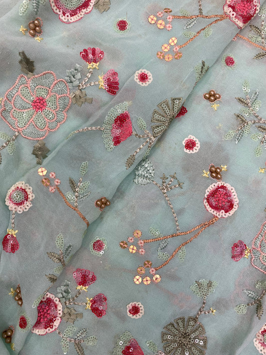 Attractive Delicate Floral Thread Embroidery With Colorful Sequin And To Notch Bead Work On Georgette Fabric