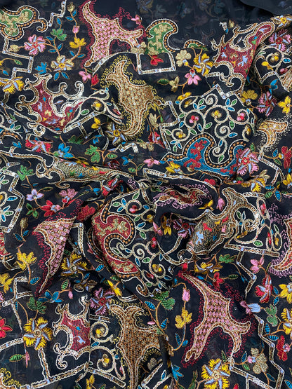 Gracious Eye Catching Colorful Floral And Abstract Thread Embroidery With Premium Sequin And Golden Zari Work On Georgette Fabric