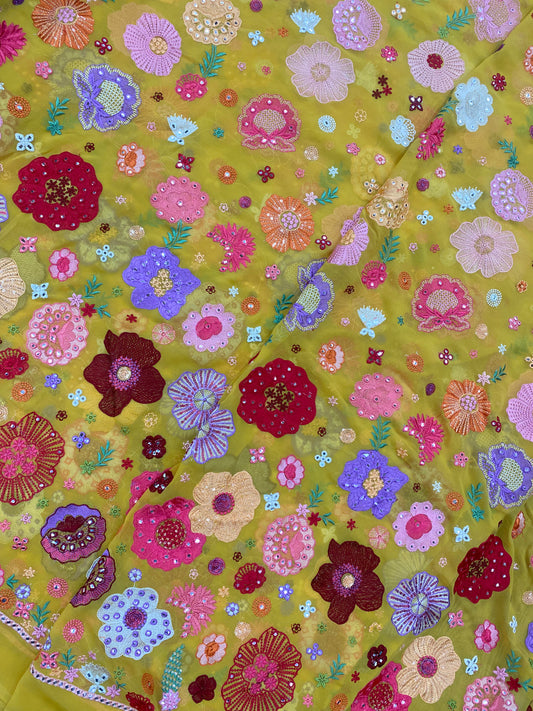 Beautiful Pretty Multi Color Floral Thread Embroidery With Sequin And Faux Mirror Work On Georgette Fabric