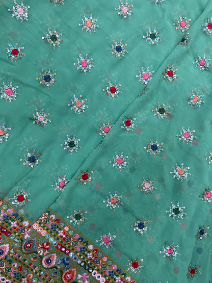 Beautiful Premium Multi Color Thread Embroidery With Heavy Sequin And Faux Mirror Work On Georgette Fabric