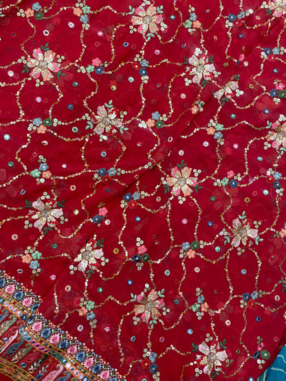 Fantastic Elegant Dainty Floral Thread Embroidery With Heavy Sequin And Faux Mirror Work On Georgette Fabric