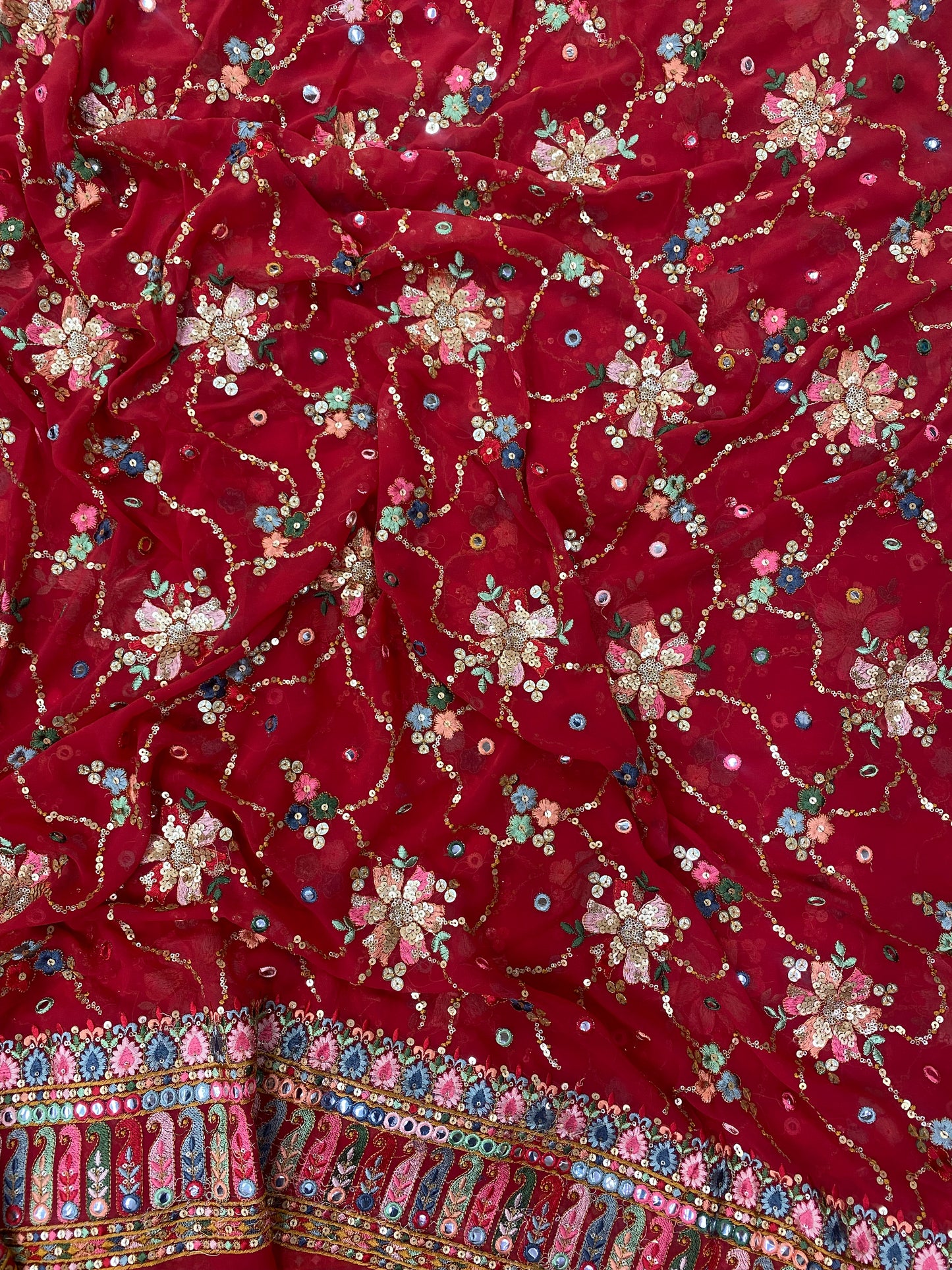 Fantastic Elegant Dainty Floral Thread Embroidery With Heavy Sequin And Faux Mirror Work On Georgette Fabric