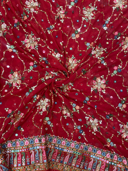 Fantastic Elegant Dainty Floral Thread Embroidery With Heavy Sequin And Faux Mirror Work On Georgette Fabric