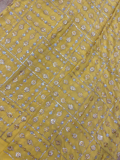 Adorable Perfect Minimal Floral Thread Embroidery With Sequin And Faux Mirror Work On Georgette Fabric