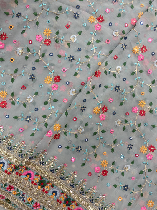 Pretty Beautiful Dainty Multi Color Floral Thread Embroidery With Sequin And Faux Mirror Work On Georgette Fabric