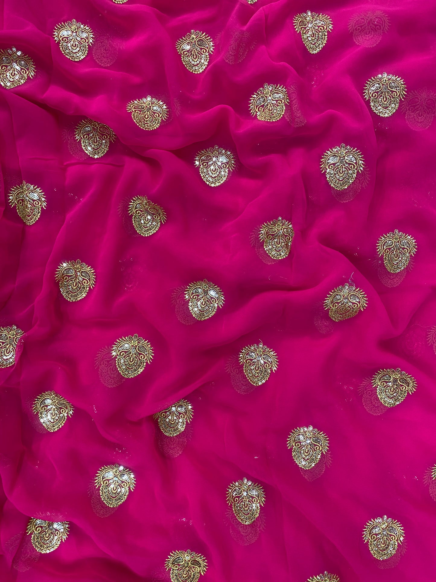 Vibrant Attractive Traditional Paisley Zari And Sequin Work On Pink Georgette Fabric