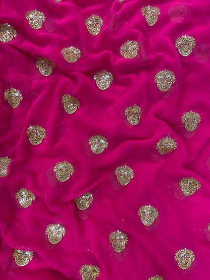 Vibrant Attractive Traditional Paisley Zari And Sequin Work On Pink Georgette Fabric