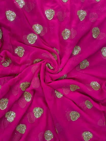 Vibrant Attractive Traditional Paisley Zari And Sequin Work On Pink Georgette Fabric