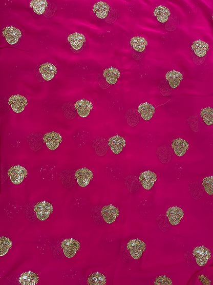 Vibrant Attractive Traditional Paisley Zari And Sequin Work On Pink Georgette Fabric