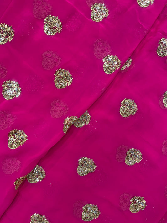 Vibrant Attractive Traditional Paisley Zari And Sequin Work On Pink Georgette Fabric