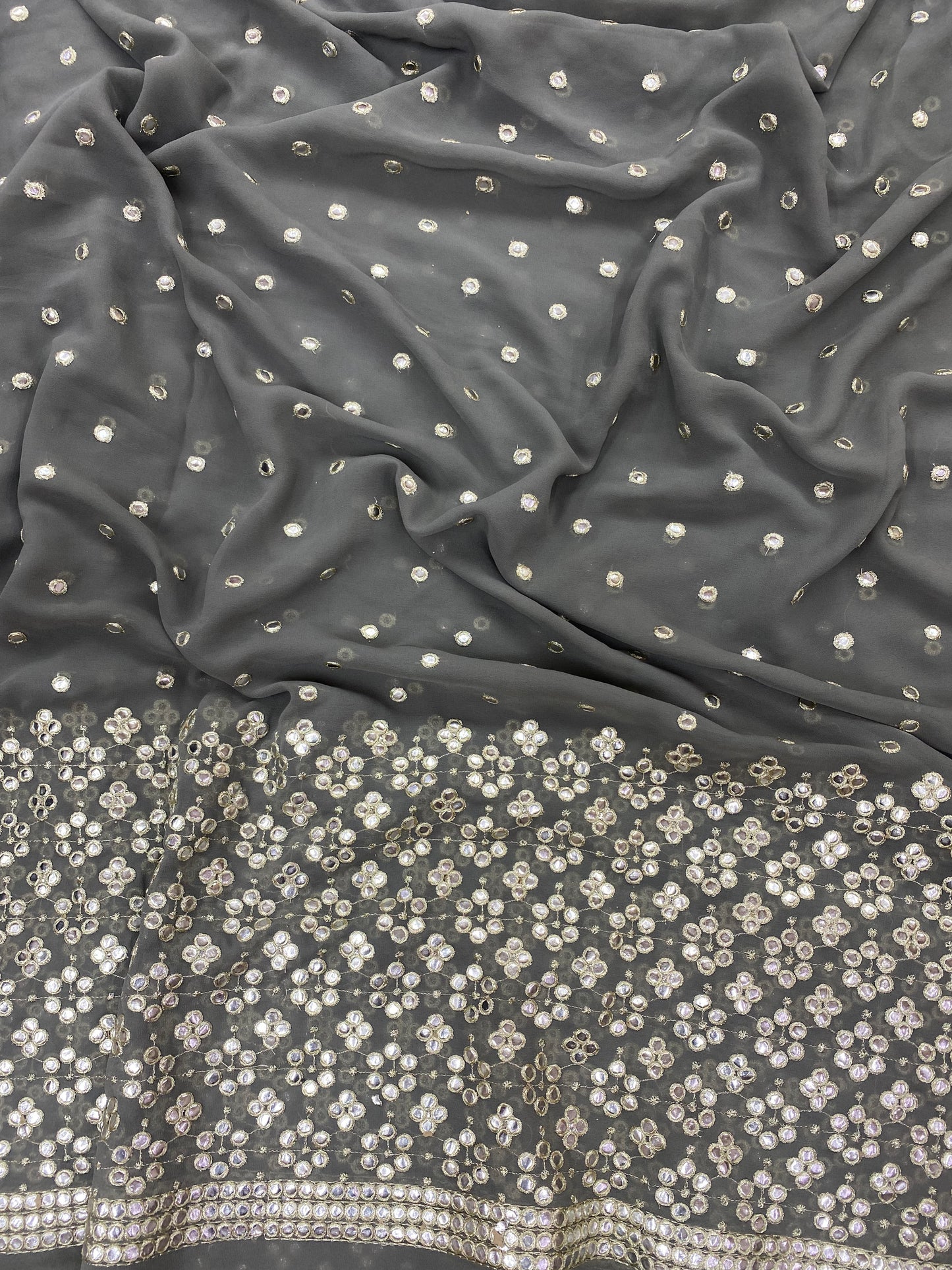 Subtle Yet Elegant Minimal Shiny Faux Mirror Work All Over Georgette Fabric