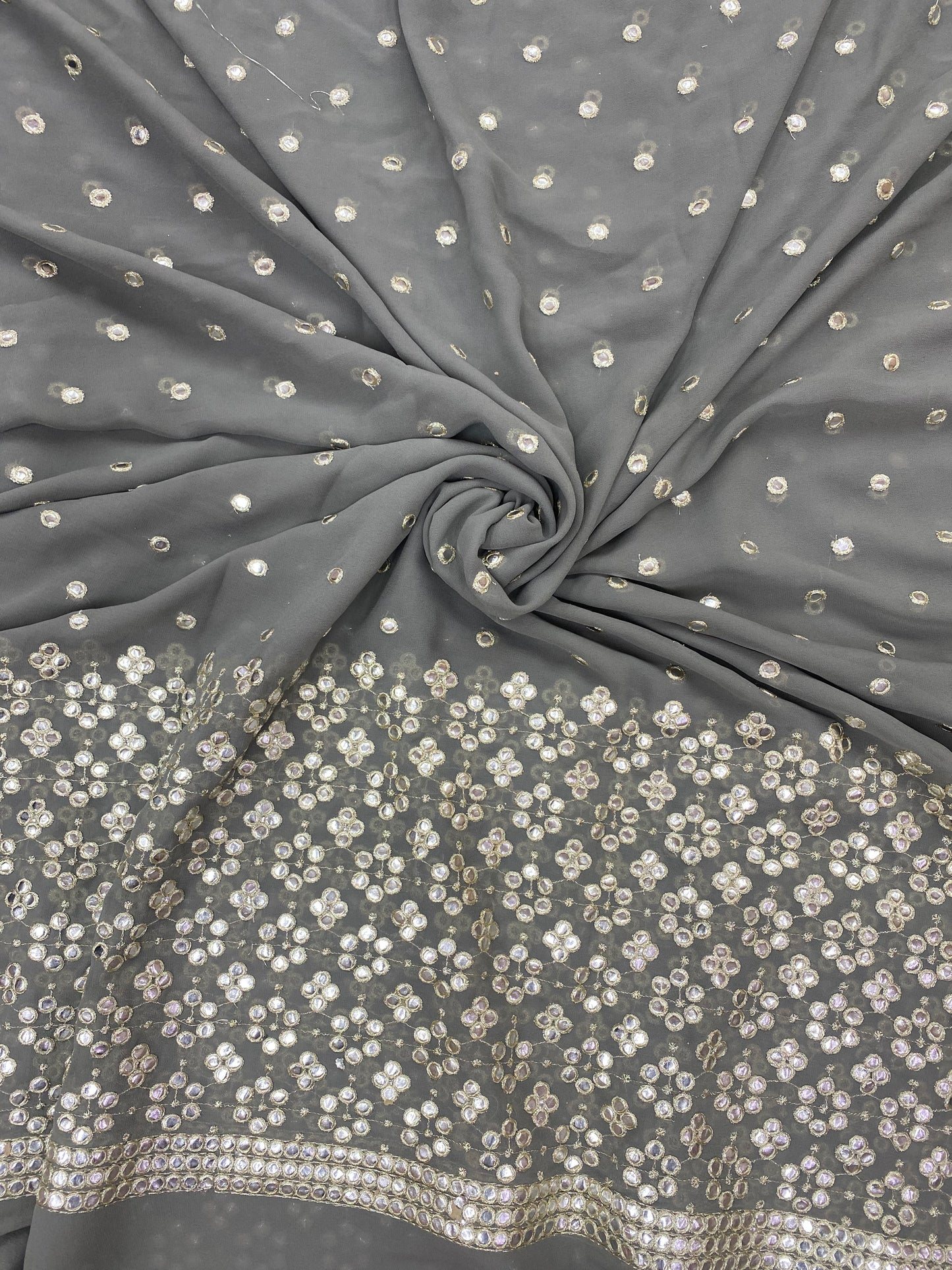 Subtle Yet Elegant Minimal Shiny Faux Mirror Work All Over Georgette Fabric