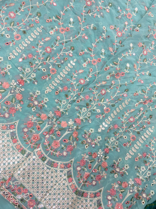 Adorable Fantastic Multicolor Floral Thread Embroidery With Faux Mirror Work On Georgette Fabric