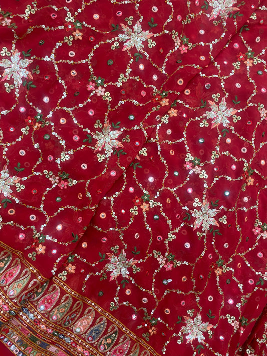 Traditional Premium Floral Thread With Abstract Sparkling Sequin Embroidery And Knitted Paisley Mirror Work On Georgette Fabric