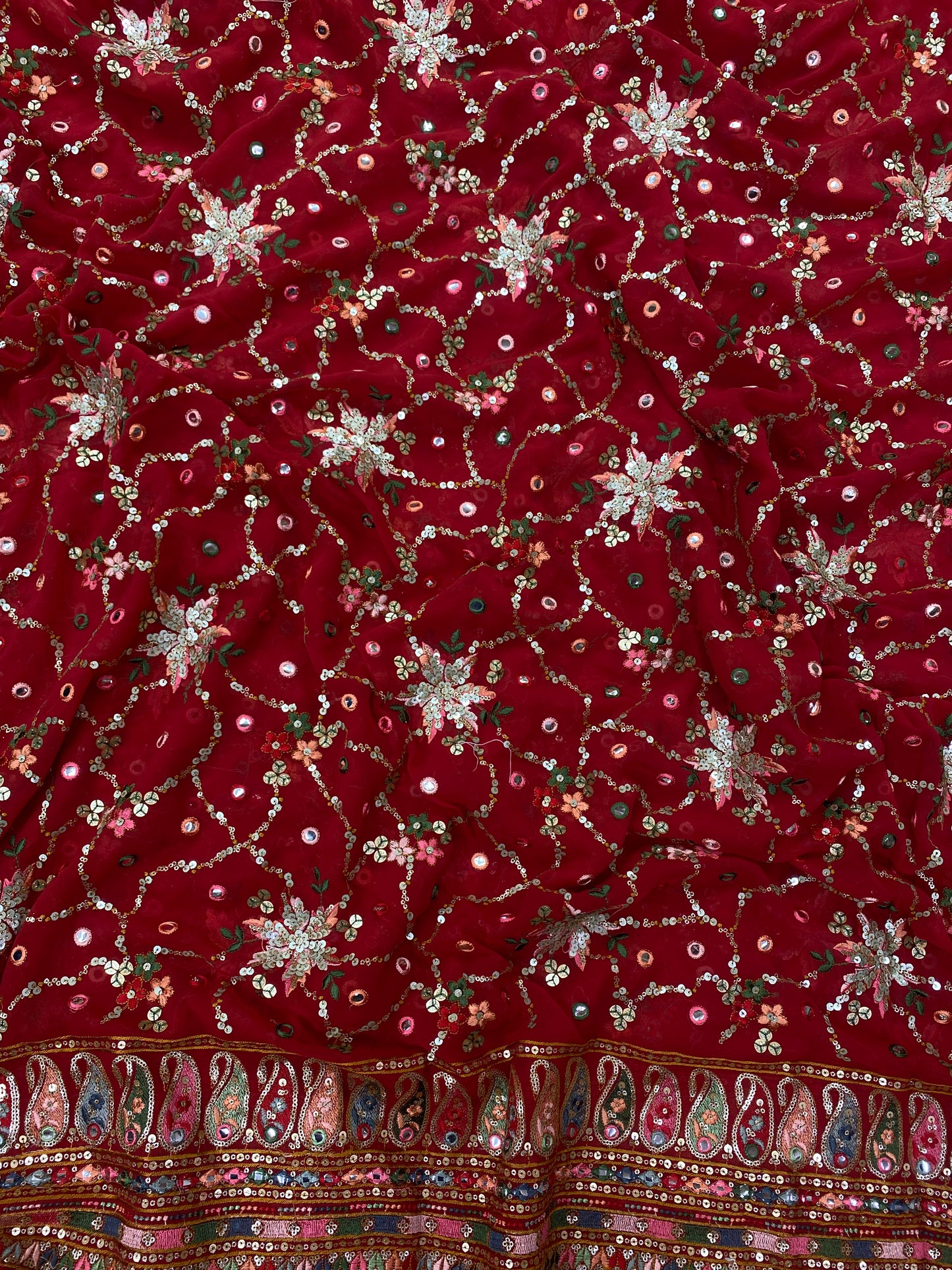 Traditional Premium Floral Thread With Abstract Sparkling Sequin Embroidery And Knitted Paisley Mirror Work On Georgette Fabric