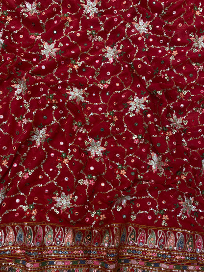 Traditional Premium Floral Thread With Abstract Sparkling Sequin Embroidery And Knitted Paisley Mirror Work On Georgette Fabric