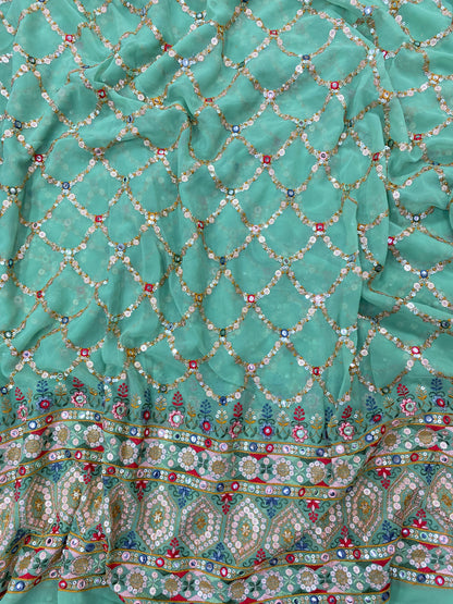 Criss Cross Elegant Heavy Traditional Thread Embroidery With Shiny Sequin And Faux Mirror Work On Georgette Fabric