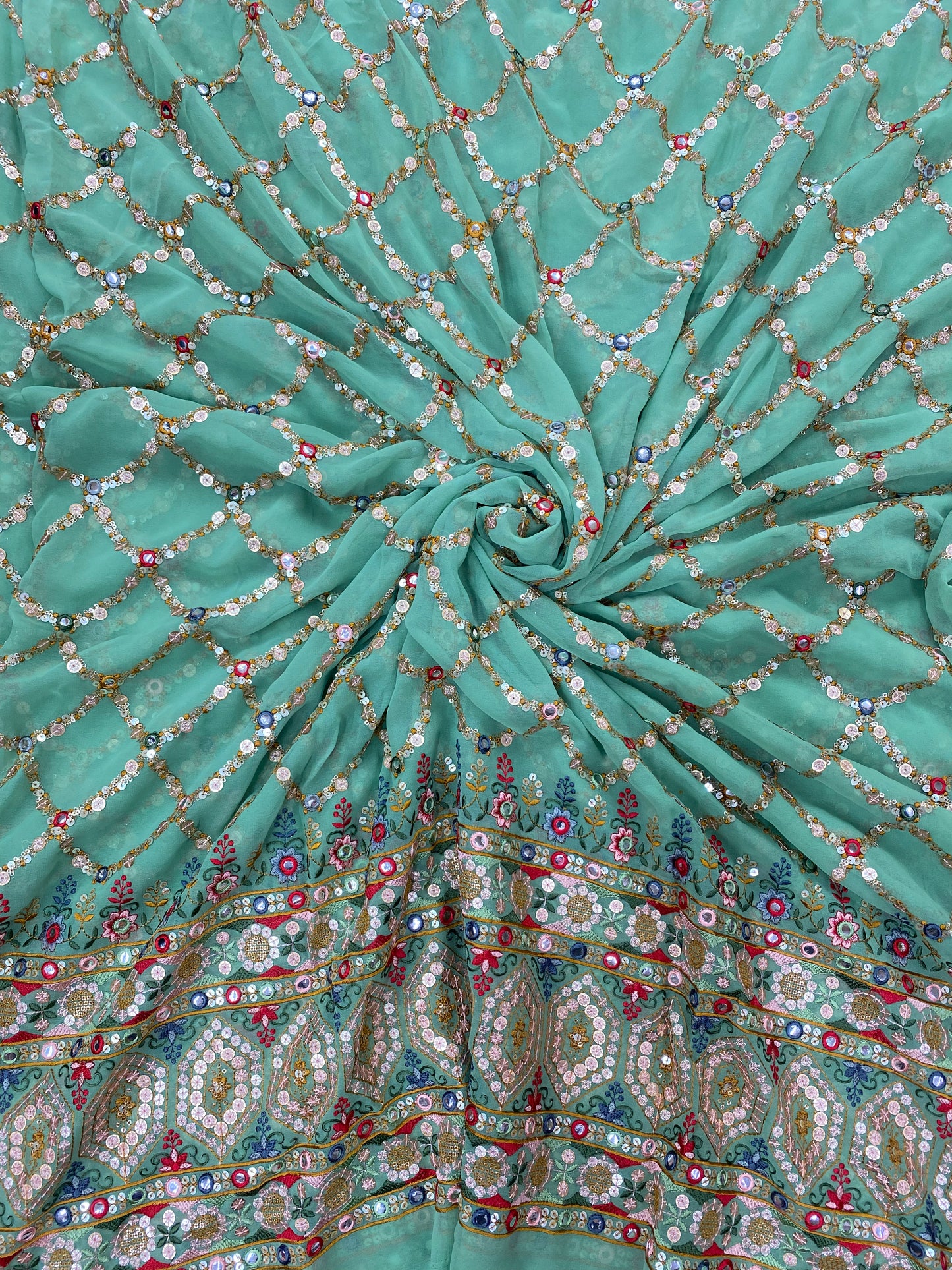 Criss Cross Elegant Heavy Traditional Thread Embroidery With Shiny Sequin And Faux Mirror Work On Georgette Fabric