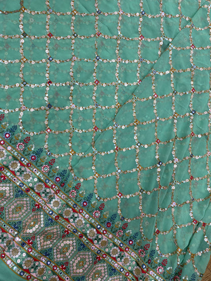 Criss Cross Elegant Heavy Traditional Thread Embroidery With Shiny Sequin And Faux Mirror Work On Georgette Fabric