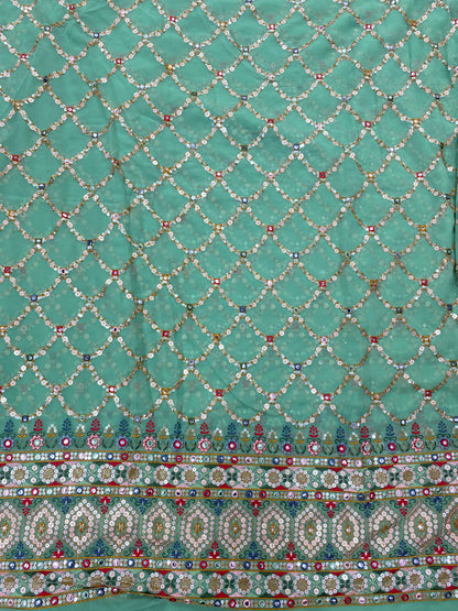 Criss Cross Elegant Heavy Traditional Thread Embroidery With Shiny Sequin And Faux Mirror Work On Georgette Fabric