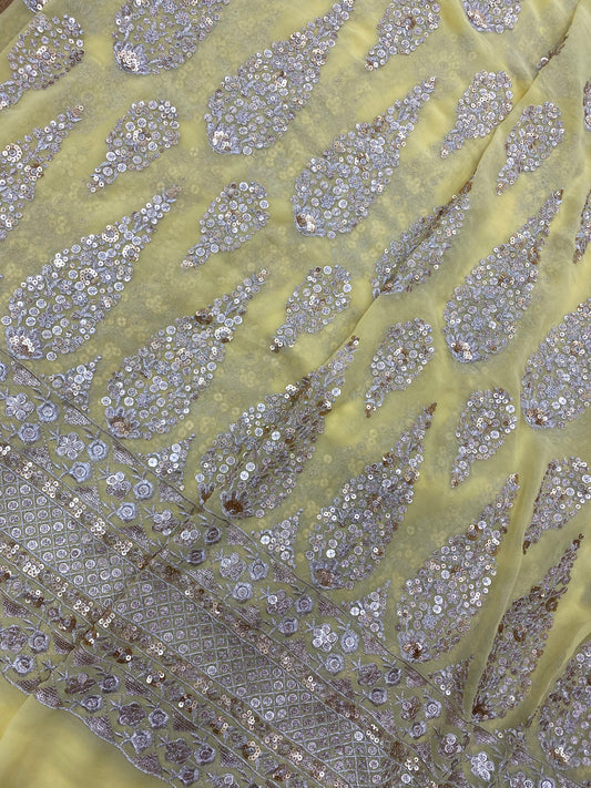 Magnificent Sparkly Heavy Sequin And Zari Work On Yellow Georgette Fabric