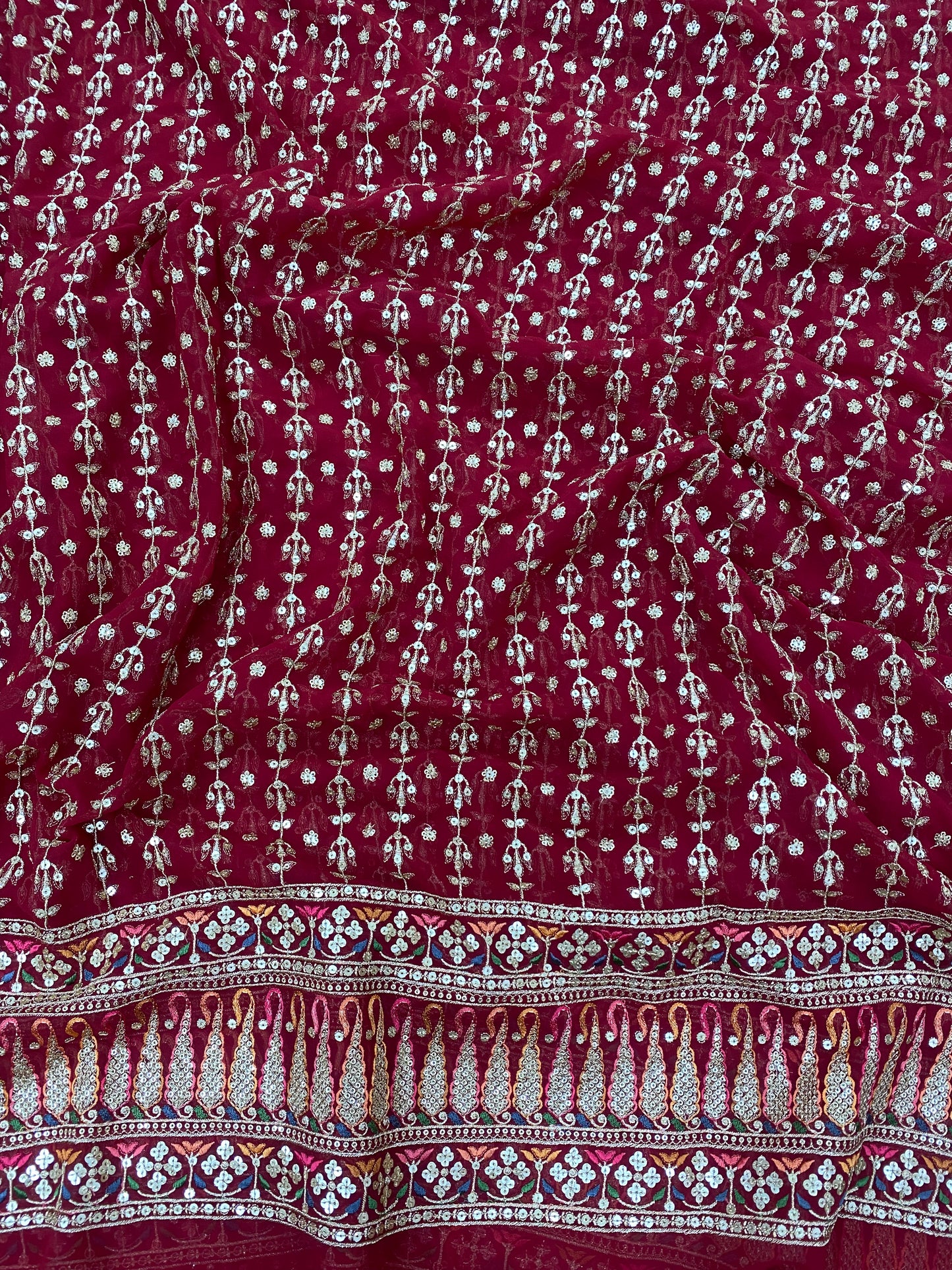 Fantastic Vibrant Ethnic Thread Embroidery With Heavy Zari And Sequin Work On Maroon Georgette Fabric