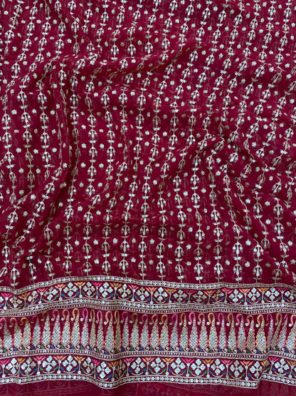 Fantastic Vibrant Ethnic Thread Embroidery With Heavy Zari And Sequin Work On Maroon Georgette Fabric