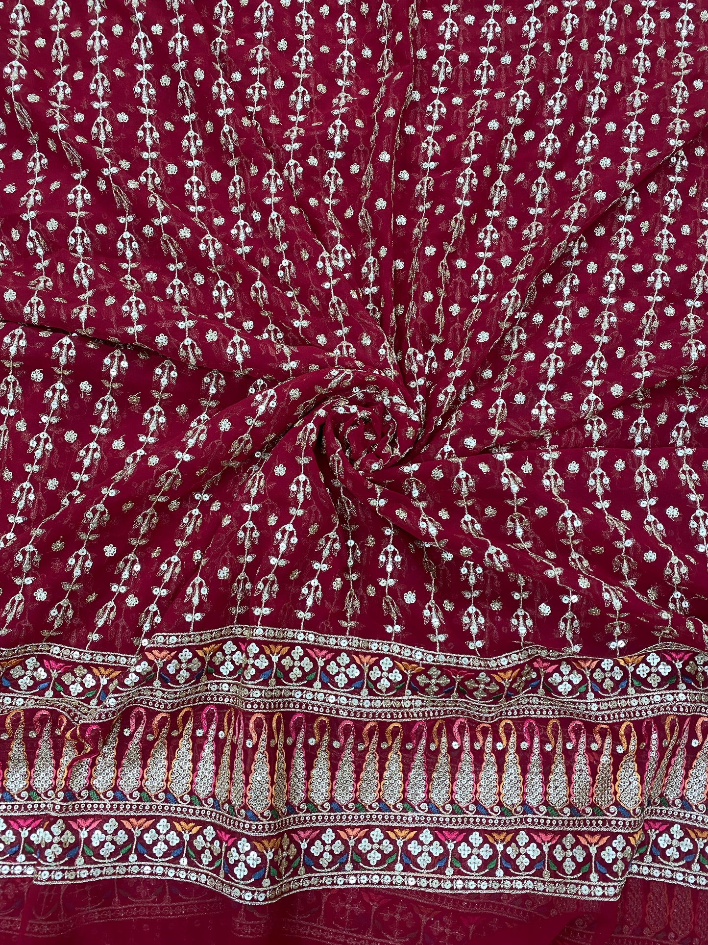 Fantastic Vibrant Ethnic Thread Embroidery With Heavy Zari And Sequin Work On Maroon Georgette Fabric