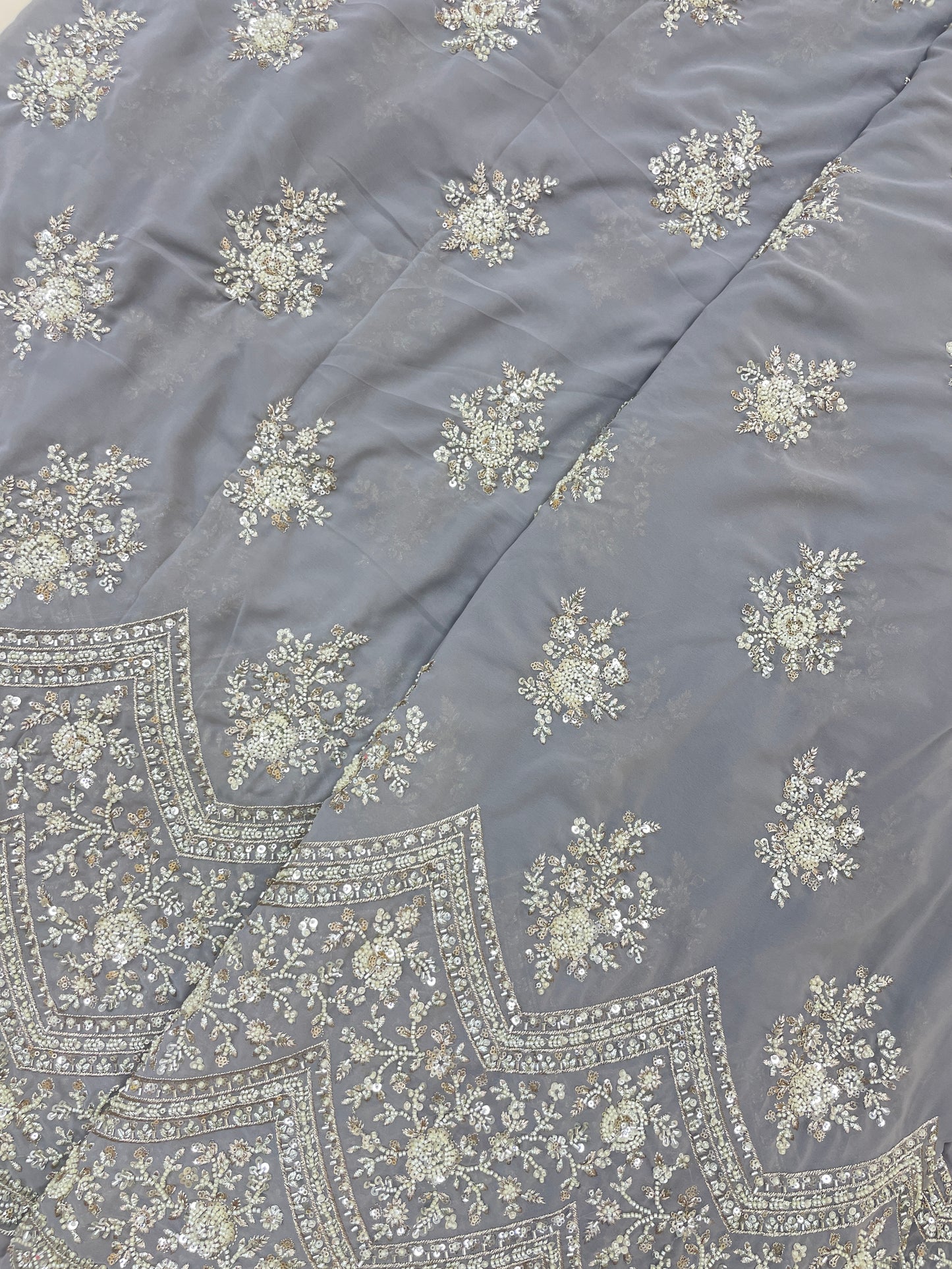 Exclusive Ethnic Beads And Sequins Work With Heavy Border On Georgette Fabric