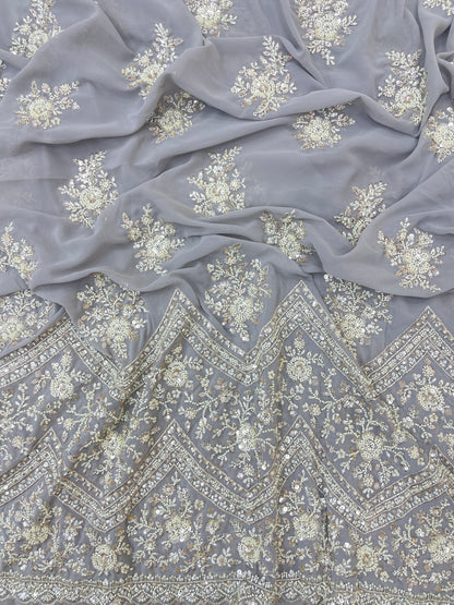 Exclusive Ethnic Beads And Sequins Work With Heavy Border On Georgette Fabric