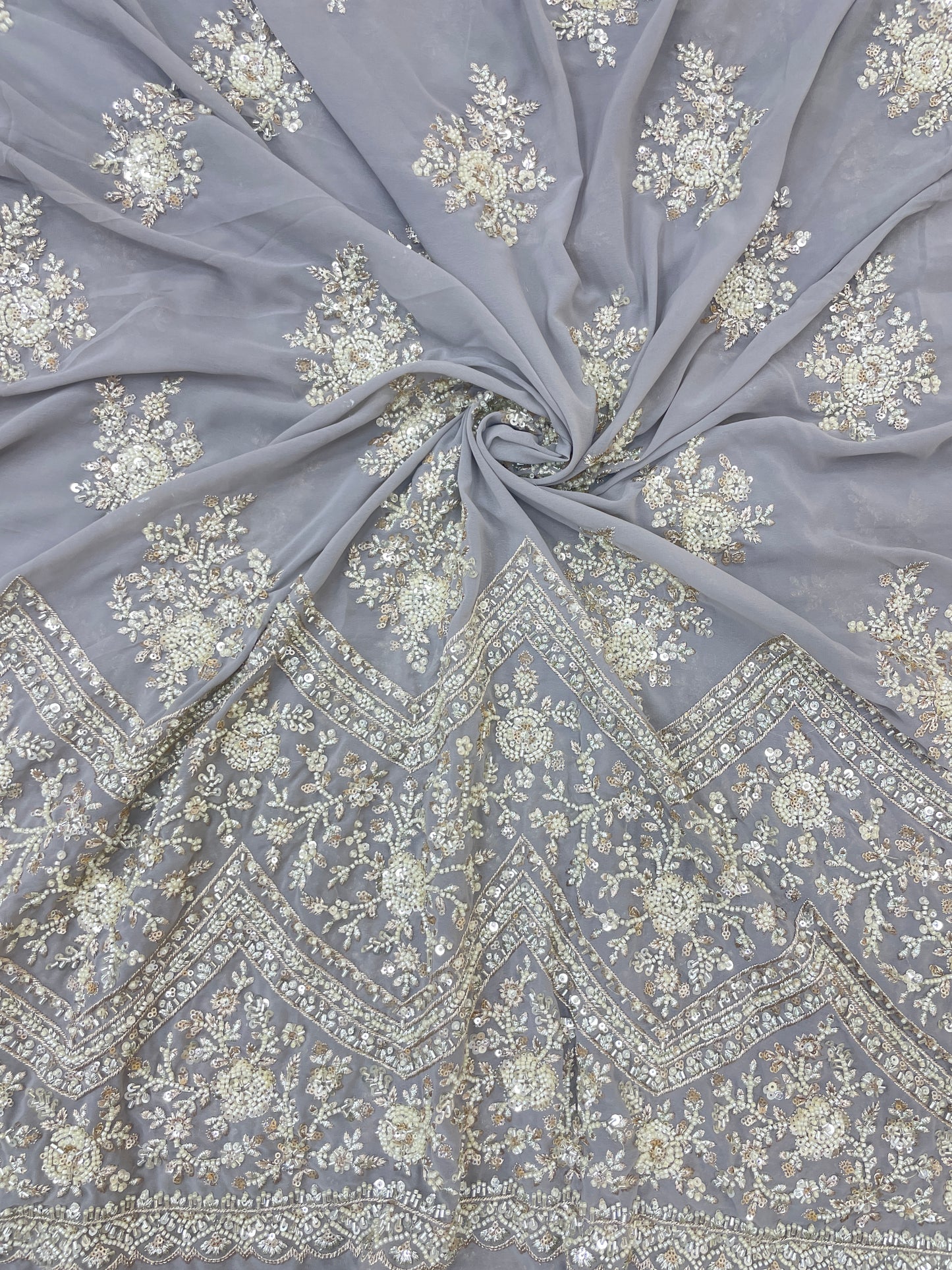 Exclusive Ethnic Beads And Sequins Work With Heavy Border On Georgette Fabric