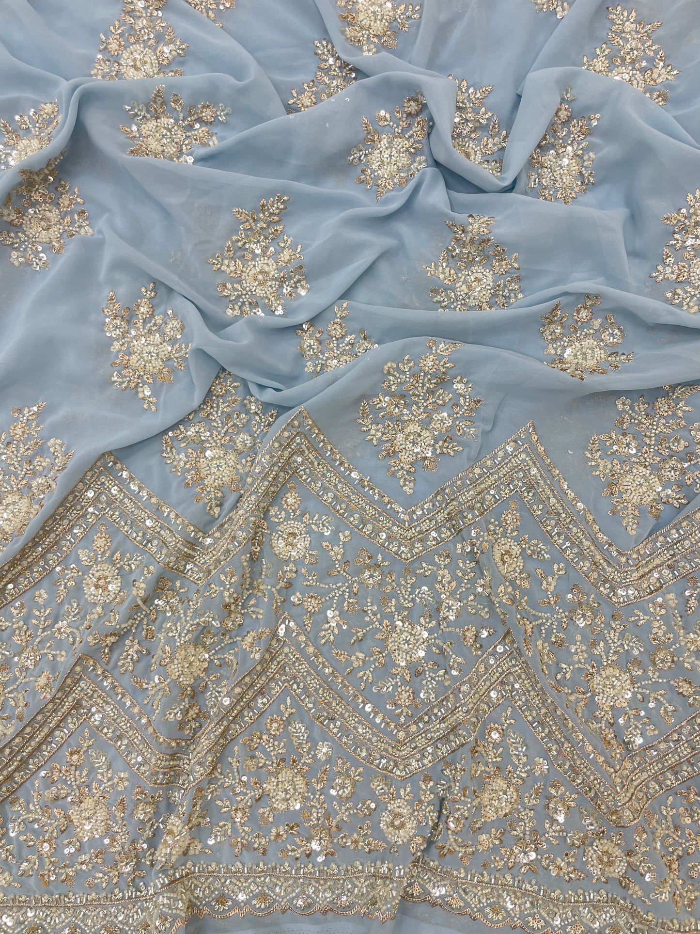 Exclusive Ethnic Beads And Sequins Work With Heavy Border On Georgette Fabric