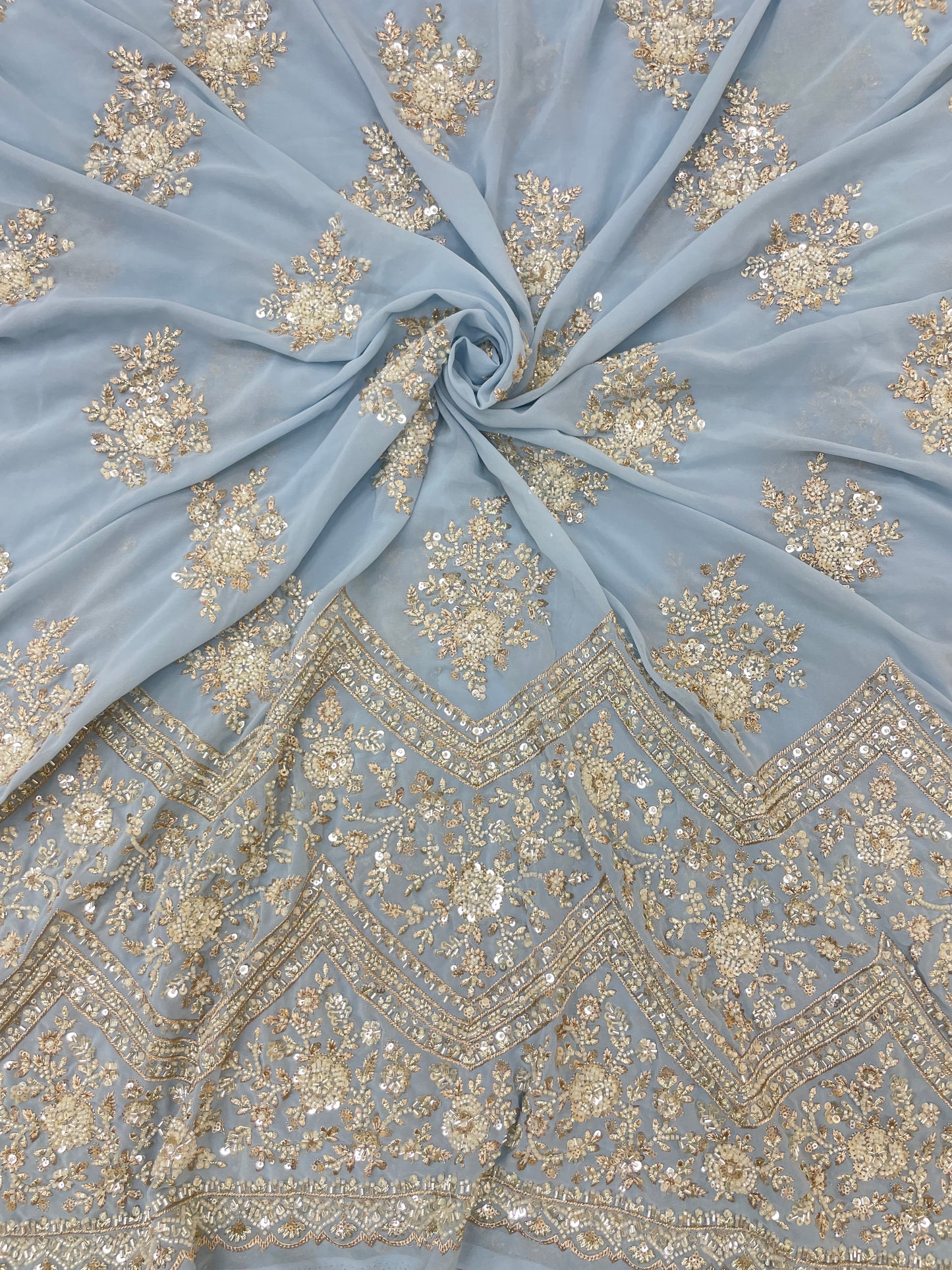 Exclusive Ethnic Beads And Sequins Work With Heavy Border On Georgette Fabric