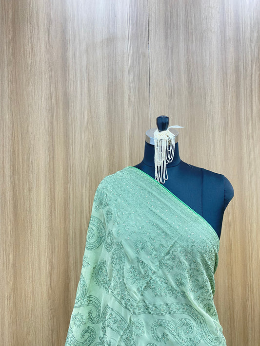 Absolute Gorgeous Pretty Green Thread Embroidery Along with Silver Sequin Work On Green Color Georgette Dupatta