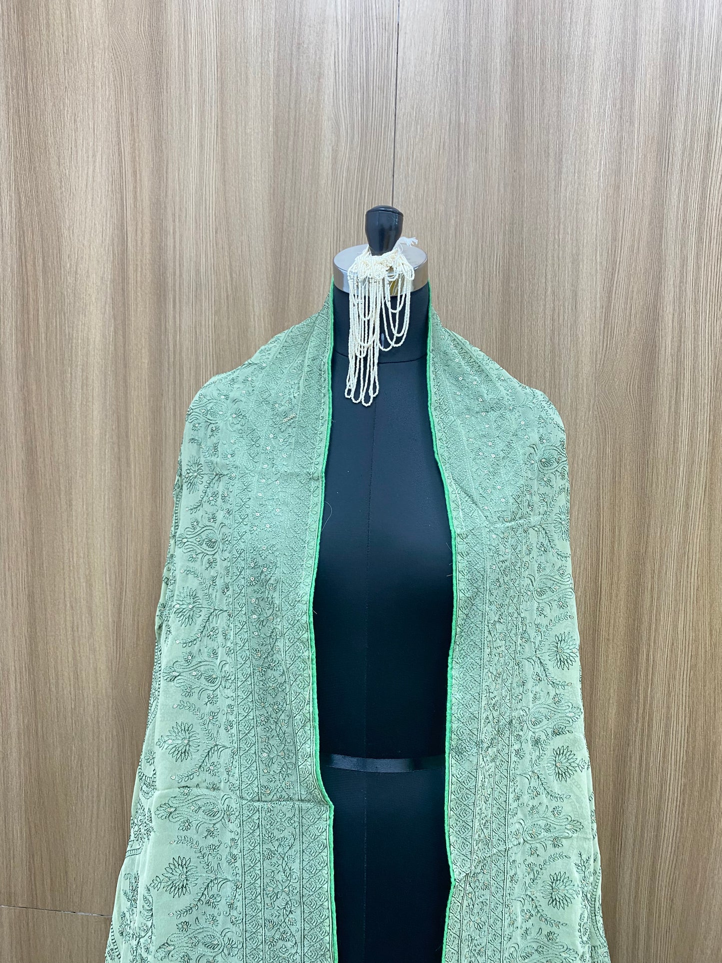 Absolute Gorgeous Pretty Green Thread Embroidery Along with Silver Sequin Work On Green Color Georgette Dupatta