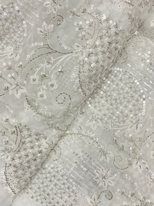 Eye Catching Adorable All Over White Thread With Sequence And Beads Embroidery On White Dyeable Georgette Fabric