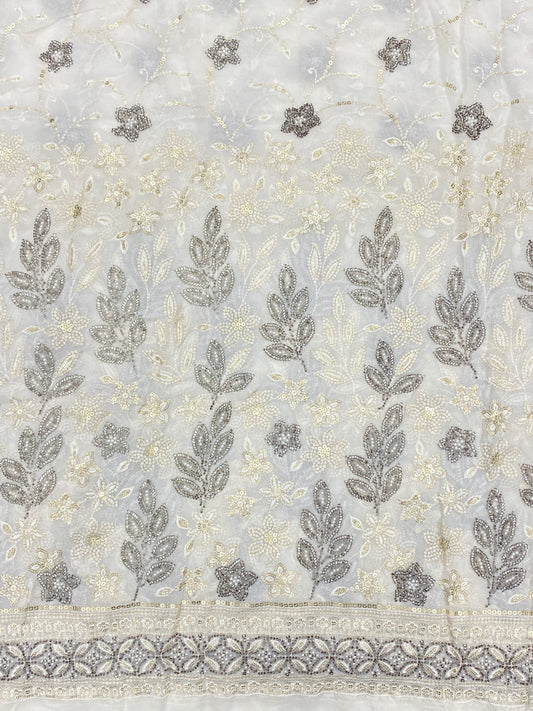 Beautiful Attractive White Thread With Sequence Beads And Pearl Embroidery On White Dyeable Georgette Fabric