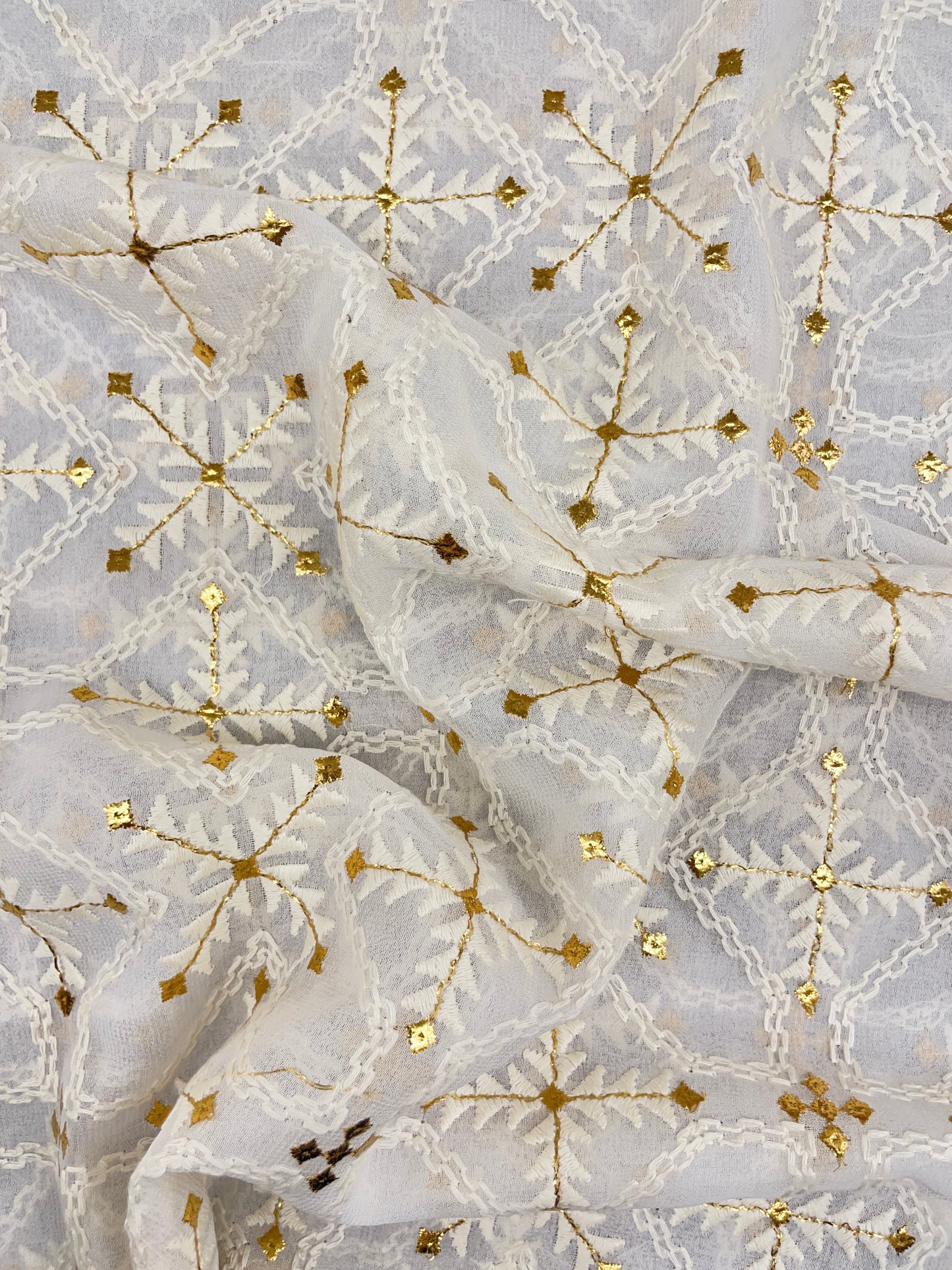 Gorgeous Elegant All Over White Thread Embroidery With Golden Foil Work On White Dyeable Georgette Fabric