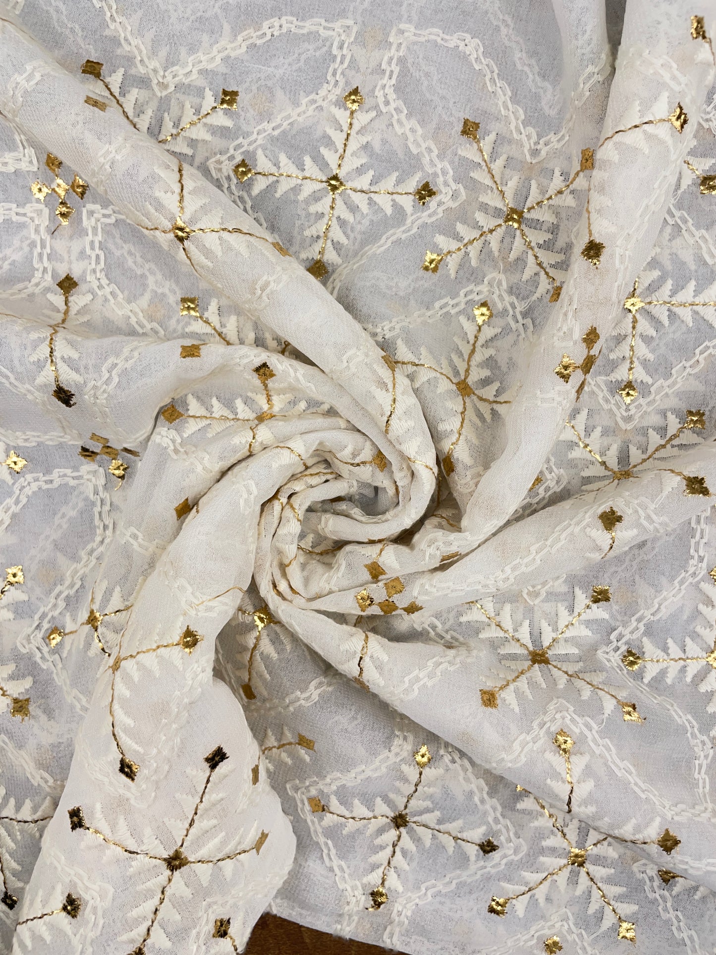 Gorgeous Elegant All Over White Thread Embroidery With Golden Foil Work On White Dyeable Georgette Fabric