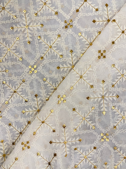 Gorgeous Elegant All Over White Thread Embroidery With Golden Foil Work On White Dyeable Georgette Fabric