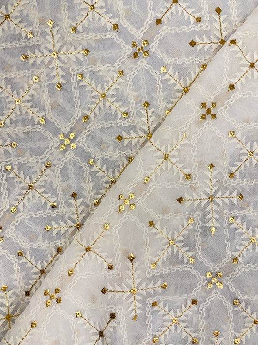 Gorgeous Elegant All Over White Thread Embroidery With Golden Foil Work On White Dyeable Georgette Fabric