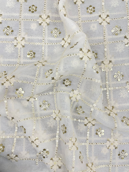 Premium Attractive All Over Off White Thread Embroidery With Golden Sequin Work On White Dyeable Georgette Fabric